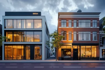 Vergelijking van een modern businesscentrum en een traditioneel kantoor in Nederland met architectonische contrasten