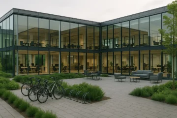 Modern Zweeds bedrijvencentrum met glazen gevels, gedeelde werkplekken en duurzaam interieur zonder mensen.