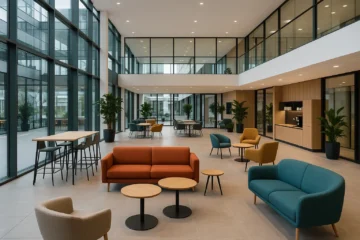 Gemeenschappelijke lounge in een bedrijvencentrum met netwerkmogelijkheden en moderne inrichting.