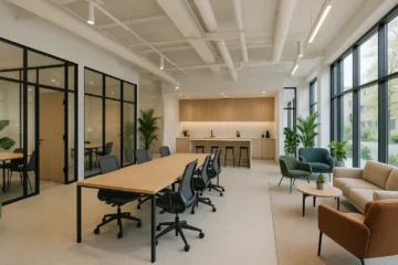 Modern bedrijvencentrum met coworkingzones, vergaderruimtes en loungehoek, ontworpen voor groeiende bedrijven.