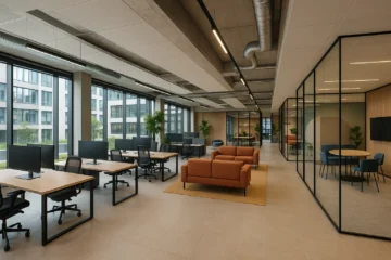 Modern bedrijvencentrum met inspirerende werkplekken, vergaderruimtes en gedeelde faciliteiten.