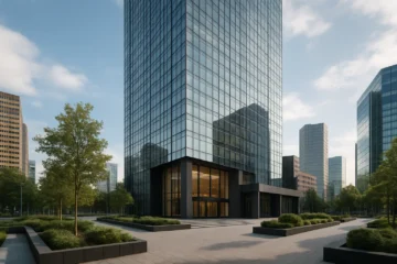 Prestigieus bedrijvencentrum met glazen gevel en moderne entree in een levendige stedelijke omgeving.