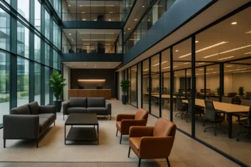 Modern Nederlands business center met glazen gevel en luxe ingerichte lobby.