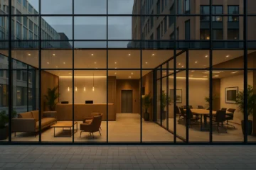 Modern business center in Nederlandse stad met glazen gevel en luxe ingerichte lobby.