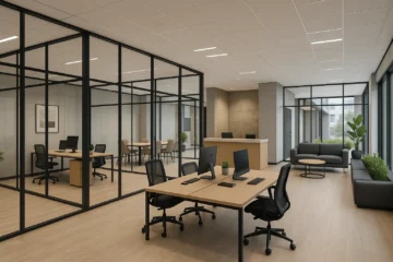 Moderne kantoorruimte in Nederland met flexibele indeling, glazen wanden, ergonomisch meubilair en professionele ontvangsthal.