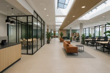 Moderne kantoorruimte in Nederland met glazen vergaderruimtes, ergonomische werkplekken en stijlvolle ontvangsthal.