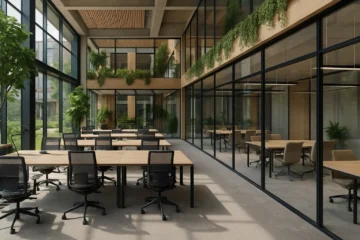 Flexibele kantoorruimtes in een modern bedrijvencentrum met open werkplekken en vergaderruimtes