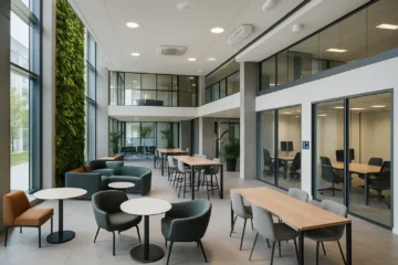 Modern Nederlands bedrijvencentrum met flexibele coworkingruimtes, duurzame groene elementen, glaswanden en slimme technologie.