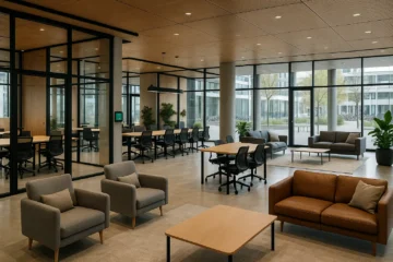 Modern bedrijvencentrum met flexibele kantoren, gedeelde vergaderruimtes en lichte coworking lounge met moderne inrichting.