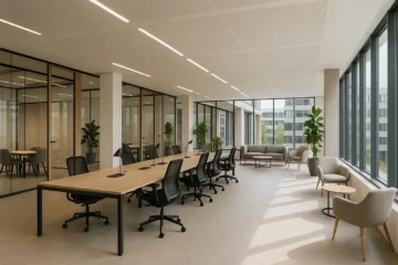 Moderne kantoorruimte in een bedrijvencentrum met flexibele werkplekken