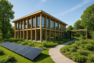 Fotorealistische afbeelding van een modern eco-vriendelijk bedrijvencentrum in België met zonnepanelen, houten gevels en groene omgeving, ontworpen voor duurzaamheid.