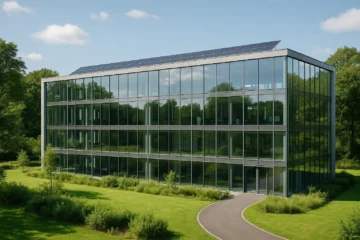 Fotorealistische weergave van een duurzaam bedrijvencentrum in België met glazen gevel, zonnepanelen en groene omgeving, ontworpen volgens BREEAM- en LEED-standaarden.