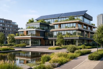 Duurzaam business center in een gemengd stedelijk gebied met groen.