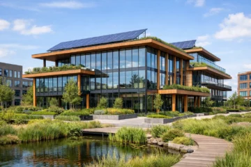 Duurzaam business center in een stedelijke ontwikkelingszone met groen.