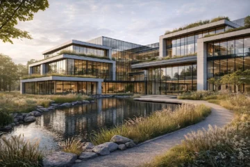 Duurzaam business center met moderne en energiezuinige architectuur.