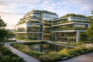 Groen business center met energiezuinige en moderne architectuur.